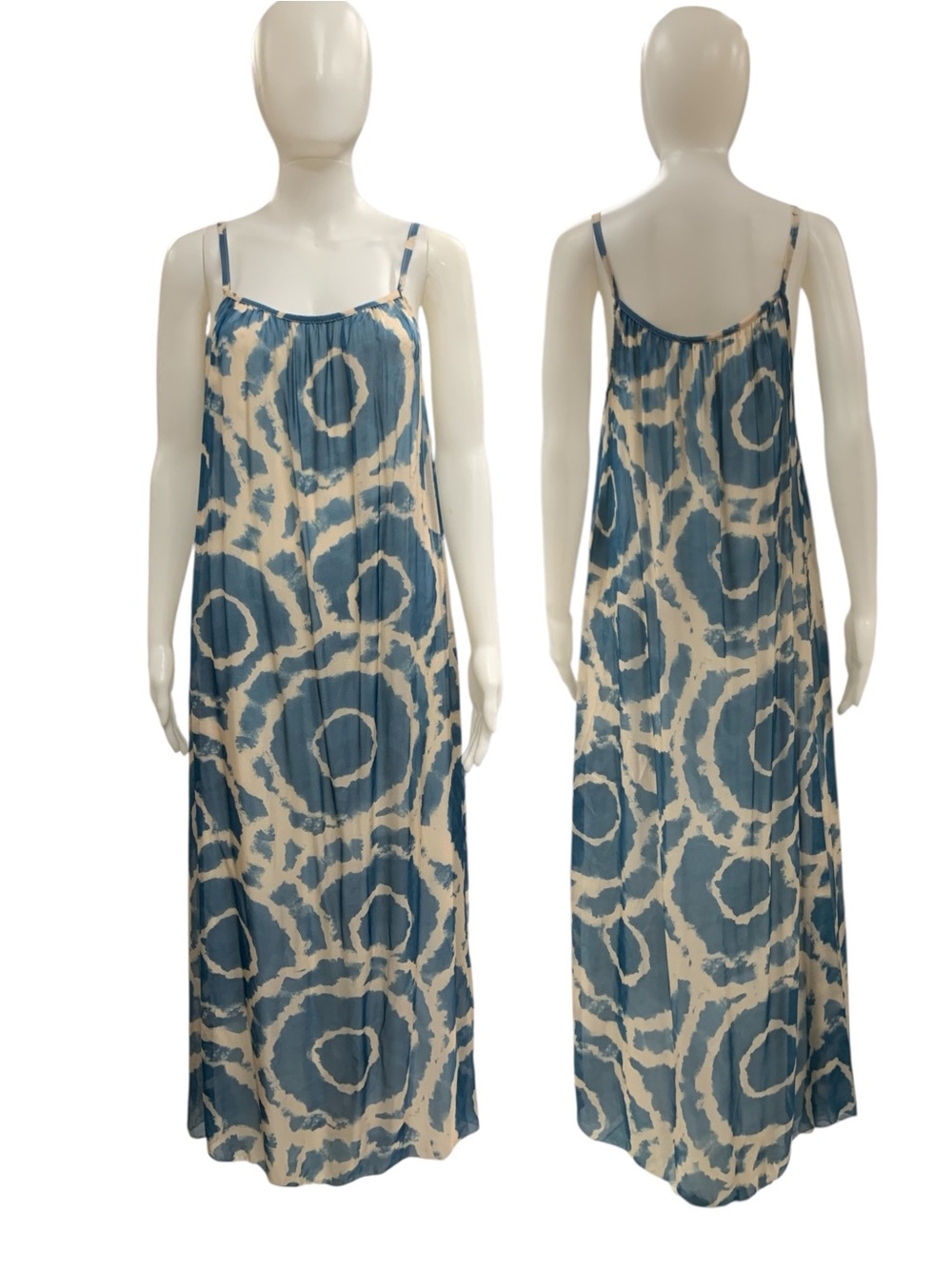 Blue and Cream Patterned Spaghetti-Strap Maxi Dress